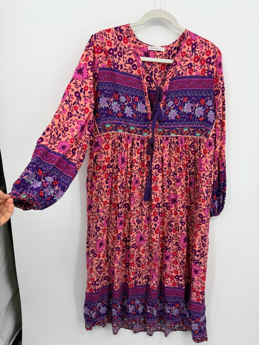 R. Vivimos Womens Tie Up Neck Floral Tassel Bohemian Midi Dress L 12/14